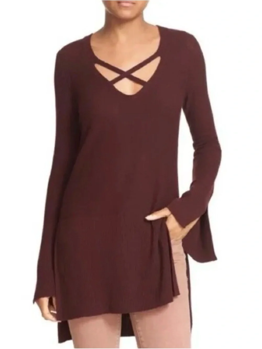 Free People Tunic Sweater CrissCross Front Knit Mocha Brown Linen Blend Sz S